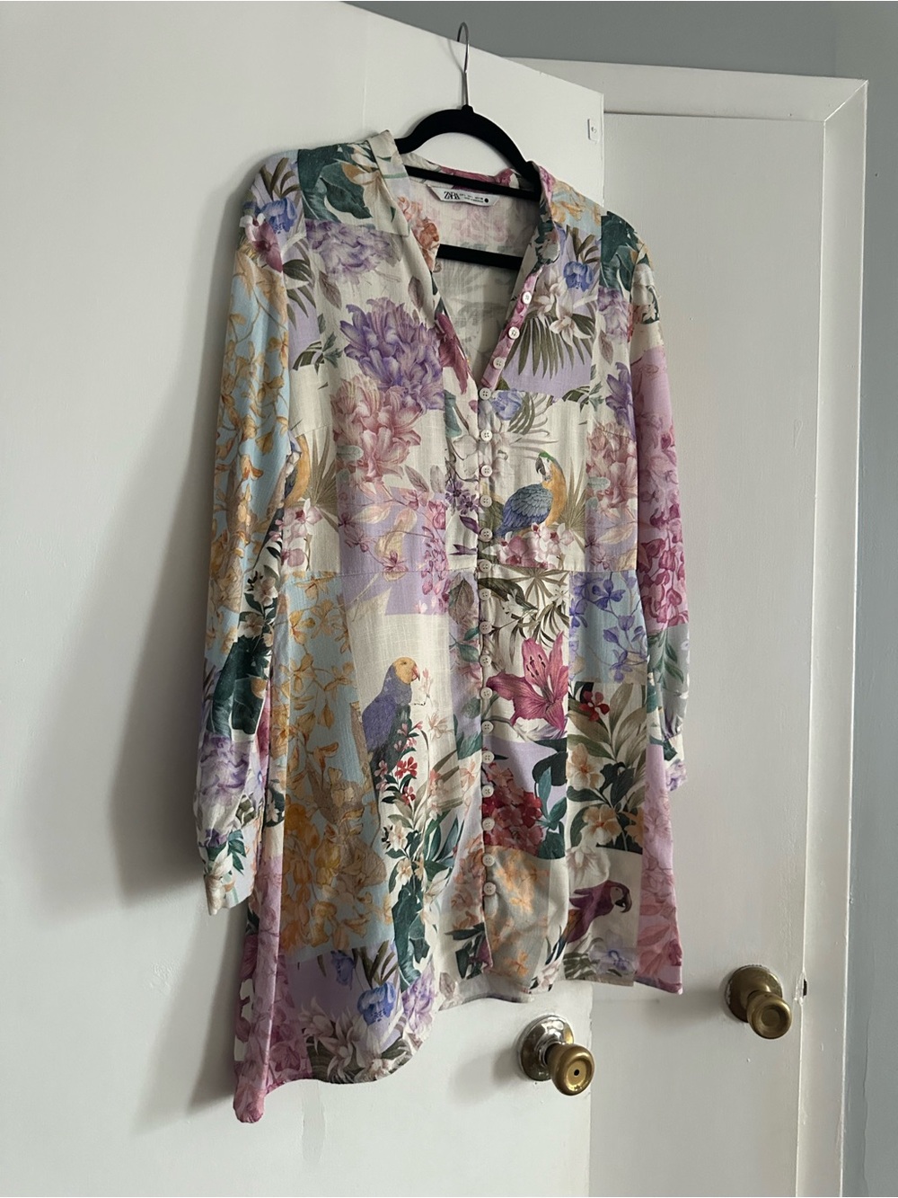 Zara large Floral & Parrot Button-Up Tunic Top in Pastel Mix Zimmerman style